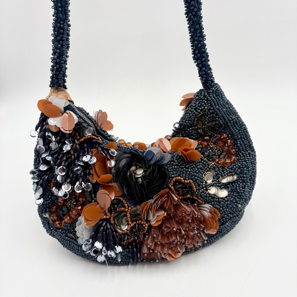 Beaded Sequined Flower Evening Bag Party Clutch‎ Cocktail Purse Made in India
